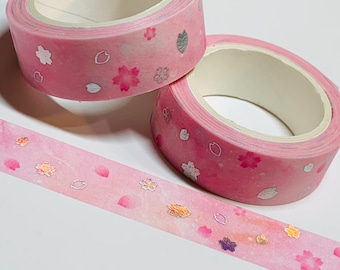 Cinta adhesiva decorativa con diseño de hojas y flores rosas y plateadas ~ 1 rollo ~ 15 mm x 5 m (16 pies)