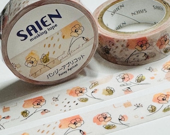 SKETCHED APRICOT PANSIES Floral Saien Masking Washi Tape ~ 1 Roll ~ 15mm x 7m (23 Feet)
