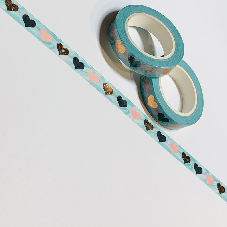 TRI-COLORED HEARTS Rose Gold Foil Embossed With Watercolor Background Washi Tape ~ 1 Roll ~ 10mm x 10m 33 Feet