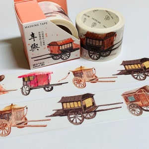 May include: Decorative masking tape featuring a repeating pattern of vintage carriages in shades of red, brown, and gold. The tape is packaged in a pink box with Chinese characters and the words "MASKING TAPE". Rolls of tape are visible.