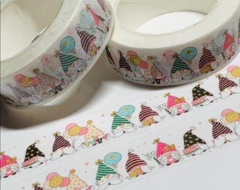 Cinta Washi de Gnomos de Feliz Cumpleaños ~ 1 rollo ~ 15 mm x 10 m (33 pies)