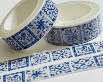 ITALIAN BLUE & WHITE Mosaic Tiles Summer Vacation Washi Tape ~ 1 Roll ~ 15mm x 10m (33 Feet)