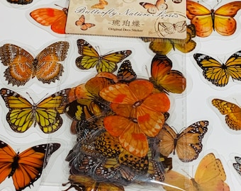 ORANGE BUTTERFLY NATURE Series Transparent Peelable Stickers ~ 40 Stickers - 40 to 50mm In Size