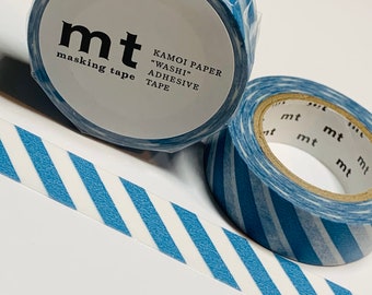 May include: Two rolls of blue and white striped washi tape. The tape is labeled "mt masking tape Kamoi Paper "Washi" Adhesive Tape".