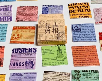 Puede incluir: Una colección de efímeras de papel de estilo vintage con varios diseños y texto. El surtido incluye etiquetas, anuncios y recortes de periódicos en múltiples colores, ideal para scrapbooking o collage.