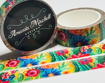 Preciosa cinta Washi con flores brillantes y coloridas - 1 rollo - 15 mm x 10 m (33 pies)