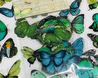 GREEN BUTTERFLY NATURE Series Transparent Peelable Stickers ~ 40 Stickers - 40 to 50mm In Size