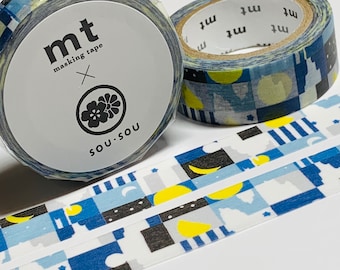 May include: A roll of washi tape with a blue, white, and yellow pattern of stars, moons, and geometric shapes. The tape is labeled "mt masking tape" and "SOU SOU".