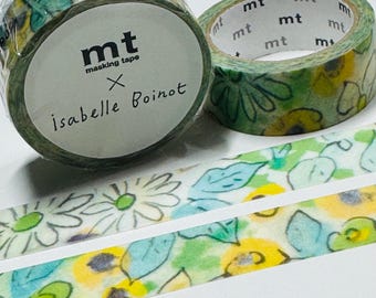 Cinta Washi Mt con diseño floral de acuarela azul y verde (1 rollo, 15 mm x 5 m)