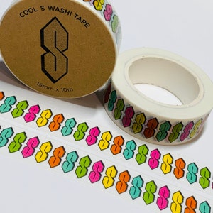 May include: A roll of washi tape with a repeating pattern of colorful "S" shapes. The tape is 15mm wide and 10m long. The label on the roll reads "Cool S Washi Tape".