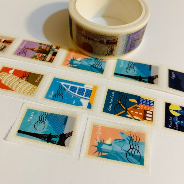 AROUND The WORLD STAMPS Easy Tear Washi Tape 1 Roll For Scrapbooking Memory Keeping Planner Decorating Junk Art Journal Mixed Media Projects