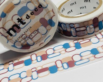 May include: Two rolls of decorative washi tape with a repeating pattern of blue, brown, and tan ovals on a white background. The tape is labeled "mt deco" and "KAMOI PAPER WASHI ADHESIVE TAPE".