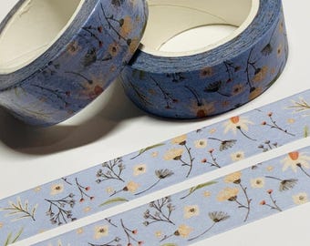 Cinta Washi con diseño retro de flores silvestres sobre una cama azul (1 rollo, 15 mm x 10 m)