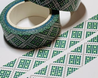 Cinta washi bohemia con diseño de mosaico verde y gris (1 rollo, 15 mm x 10 m)