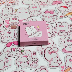 May include: A pink box with a cartoon bunny illustration, surrounded by various bunny stickers. The box features a sleeping bunny under a crescent moon. The stickers and box have a cute, kawaii aesthetic.