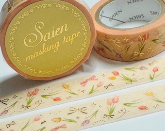 GOLD ROMANTIC TULIPS Floral Foil Saien Masking Washi Tape ~ 1 Roll ~ 15mm x 7m (23 Feet)