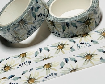FICKLE WHITE DAISIES Floral Washi Tape ~ 1 rollo ~ 15 mm x 10 m (33 pies)