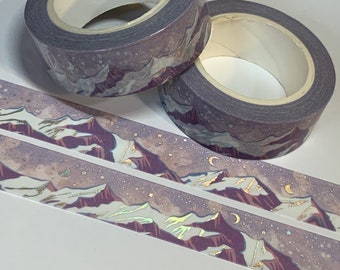 Cinta washi de aluminio con diseño de LUNAS PLATEADAS sobre montañas cubiertas de nieve (1 rollo, 15 mm x 10 m)