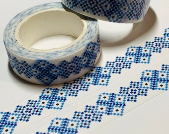 AZUL & BLANCO MOSAIC Cinta Boho Washi á 1 Rollo de 15mm x 10m (33 Pies)