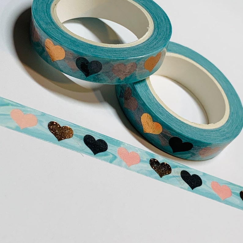 TRI-COLORED HEARTS Rose Gold Foil Embossed With Watercolor Background Washi Tape ~ 1 Roll ~ 10mm x 10m 33 Feet