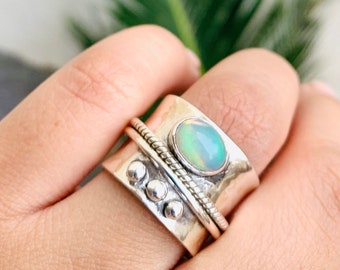 Spinner Ring for women, Ethopian opal Sterling Silver Ring for Women,Meditation Fidget Ring, Wide Band Two Tone Ring, Worry Hammered Ring