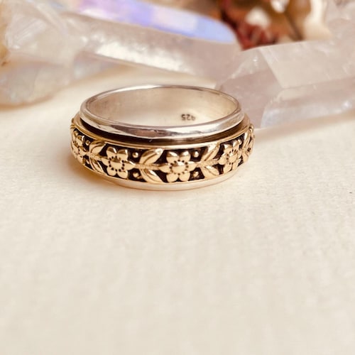 Bague or spinner pour femme, bague or fidget spinner, bague en argent sterling 925, bague boho fidget faite main, bagues pour femme, bagues large bande