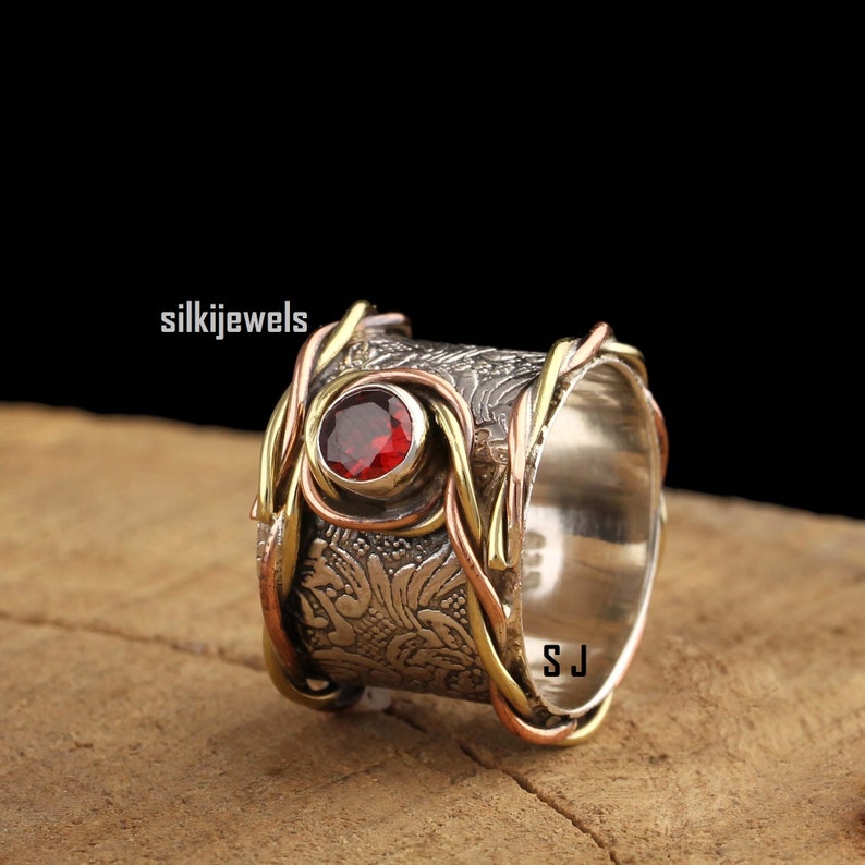 Solid 925 Sterling Silver Spinner Ring Red Garnet Ring Anxiety Ring Meditation Ring Spinner Ring Silver Spinner Ring All Ring Size