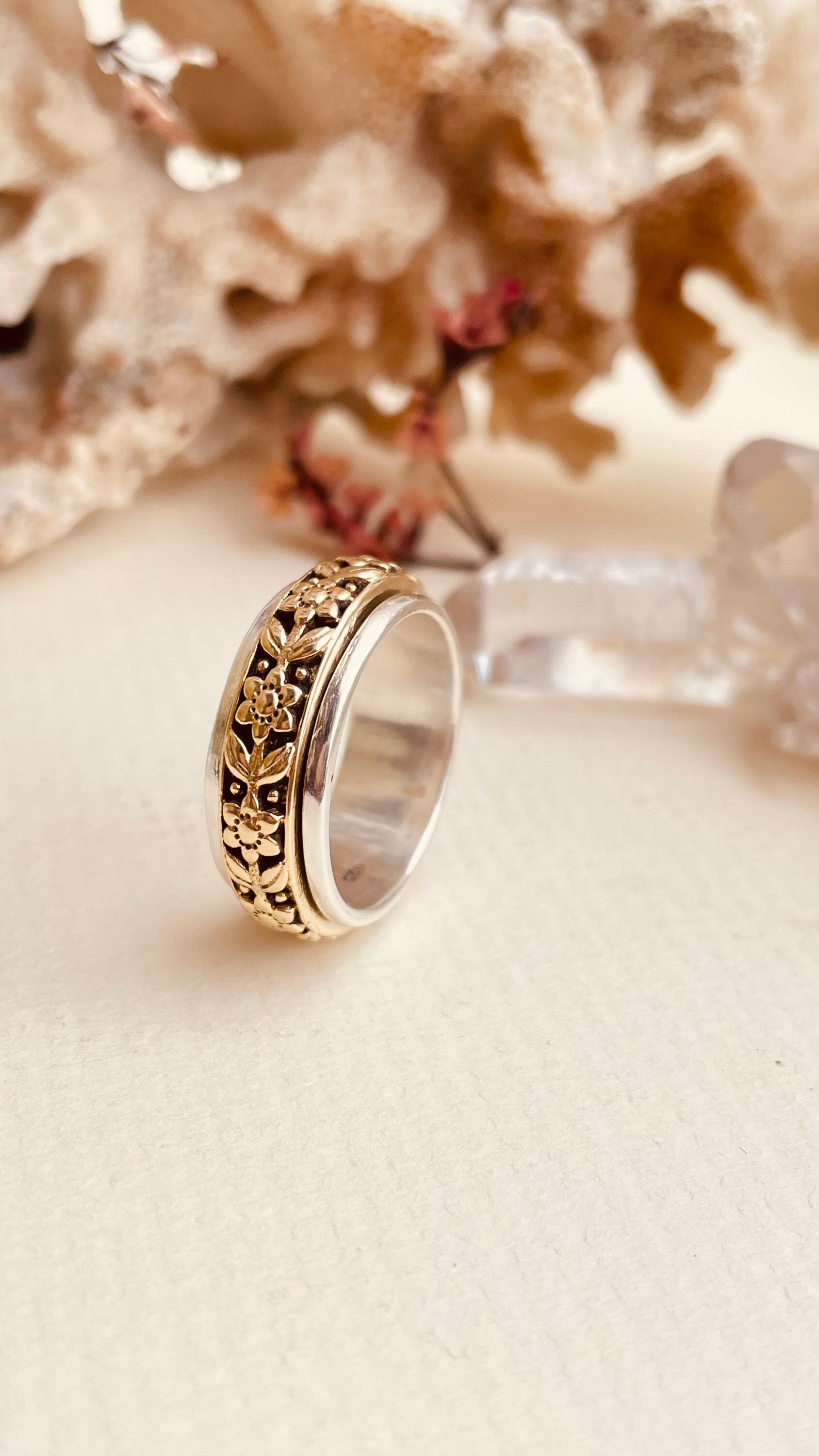 Rose Gold Wide Spinner Ring for Women,two-tone Sterling Silver 925 ...