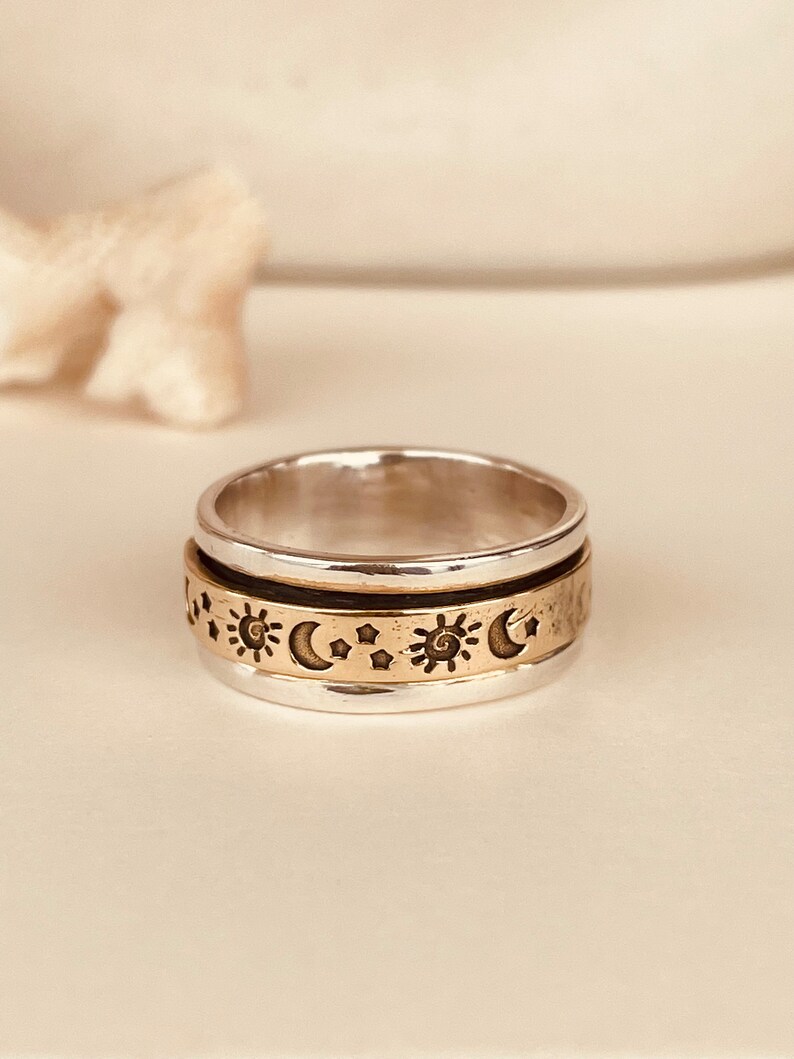 Gold Boho Spinner Ring for Women, Sterling Silver 925 Fidget Ring ...