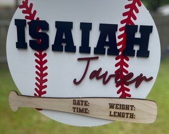 Può includere: Un cartello rotondo bianco a tema baseball con cuciture rosse e i nomi "Isaiah Javier" in blu navy e bordeaux. Una forma di mazza da baseball in legno nella parte inferiore include spazi per data, ora, peso e lunghezza.