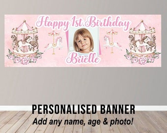 Personalised Baby Girl Pink Carousel Birthday Banner Party Poster Baptism Celebration 1st First Birthday