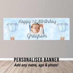 Personalised First 1st Birthday Banner Baby Boy Poster Cake Smash Hot Air Balloon