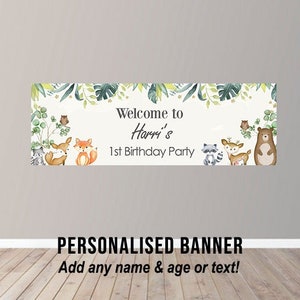 Personalised Birthday Banner Party Poster Safari Zoo Woodland Animals