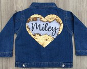 Personalised Baby Toddler Girls Denim Jacket Love Heart Sequin Reveals Name