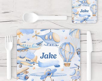 Personalised Planes Air Transport Kids Placemat & Coaster Set – Custom Name Tableware – Birthday Gift for Boys Girls, Children's Dining Mat
