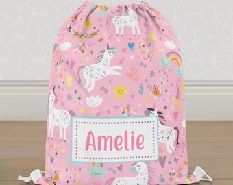 Personalised Pink Unicorn PE Bag - Custom Childrens Drawstring PE Bag Swimming Bag, Kids School Bag