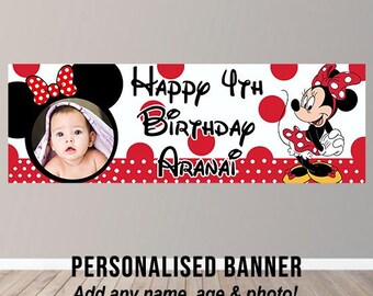 Personalised Minnie Mouse Inspired Photo Birthday Banner Party Poster Backdrop Classic Red