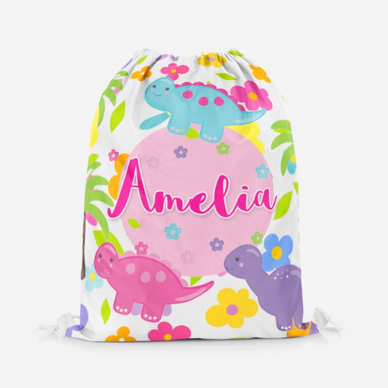 Personalised Pink Purple Dino Dinosaurs Girls Kids Backpack Childrens School Bag