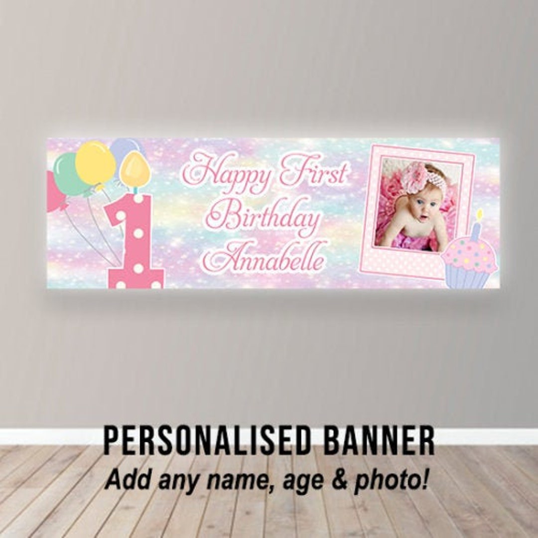 Personalised First 1st Birthday Banner Baby Girl Poster Cake Smash Pink ...