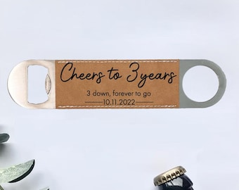 Personalised Leather 3 Years Married Steel Bottle Opener, Cheers to 3 Years Wedding Anniversary Gift Custom Leather Anniversary Gift For Him
