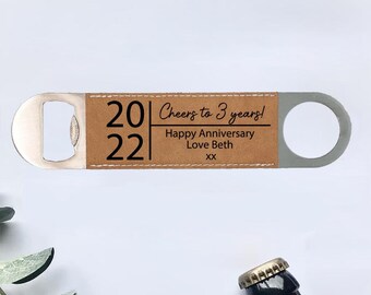 Personalised Leather 3 Years Married Steel Bottle Opener, Cheers to 3 Years Wedding Anniversary Gift For Him For Couple