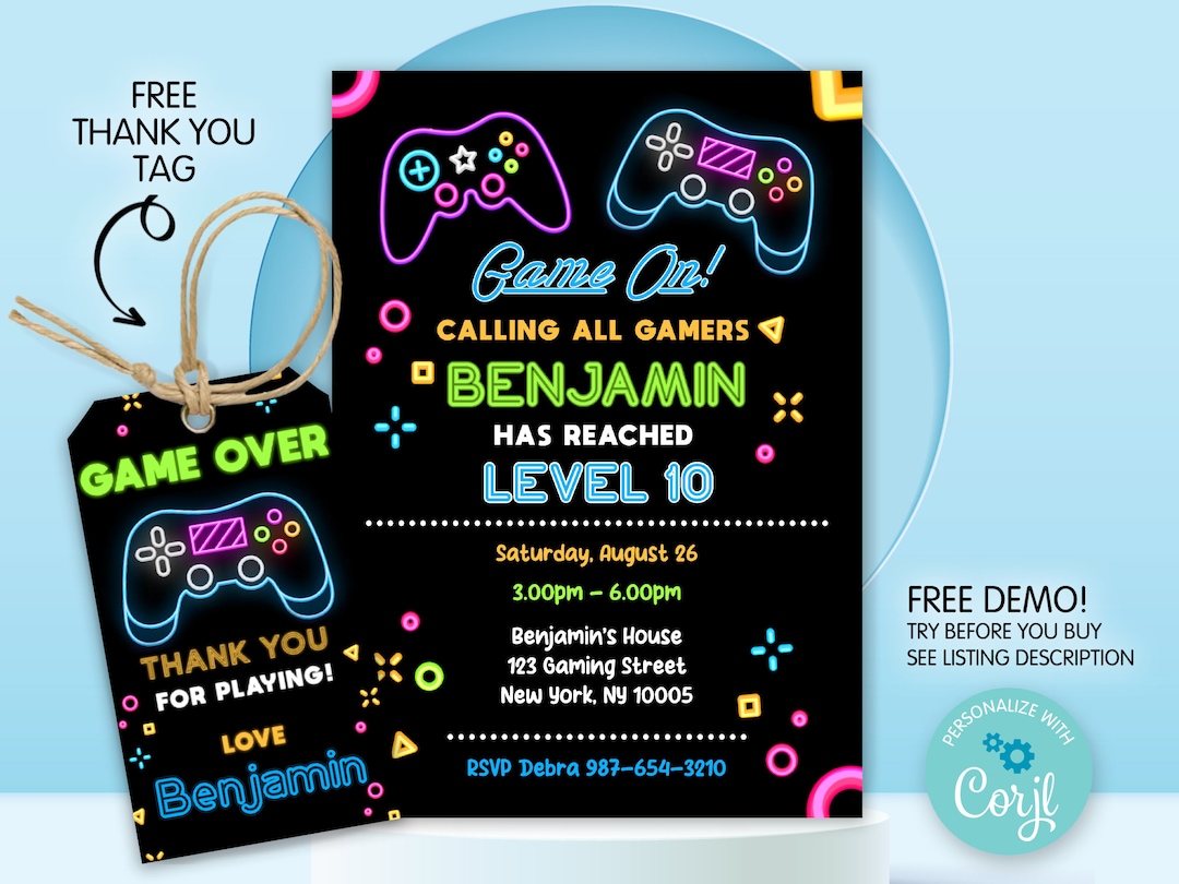 Gaming Birthday Invitation Template Printable, Personalised Gaming Birthday Invitation Template Printable, Personalised