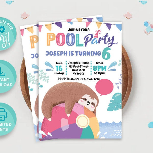 Personalized Pool Party Birthday Invitation Template Printable, Custom Swimming Sloth Birthday Invitation, Editable Invites