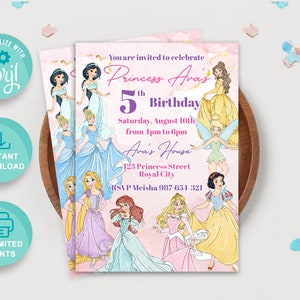 Personalized Princess Birthday Invitation Template Printable, Custom Watercolor Girls Princess Birthday Invitation, Editable Party Invites