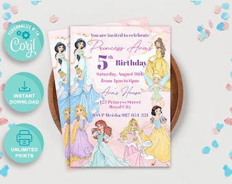 Personalized Princess Birthday Invitation Template Printable, Custom Watercolor Girls Princess Birthday Invitation, Editable Party Invites