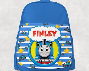 Personalised Thomas the Tank Engine Blue Backpack - Custom Boys Children's School Bag - Printed Name