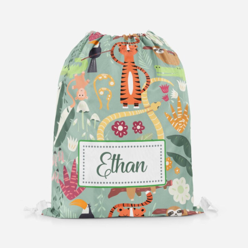 Personalised Jungle Zoo Safari Animals Kids Drawstring PE Swimming School Bag