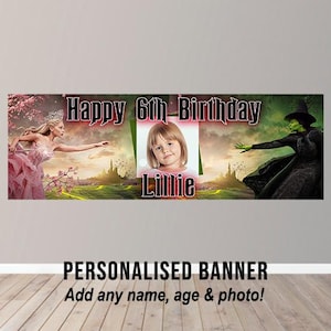 May include: Personalised birthday banner featuring a child's photo, the text "Happy 6th Birthday Lillie", and illustrations of a fairy and a witch. The banner also includes the text "PERSONALISED BANNER Add any name, age & photo!"