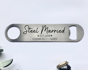Personalised Steel Married Steel Bottle Opener, 11 Year Wedding Anniversary Gift, Custom Steel Anniversary Gift For Him, Wedding Couple Gift