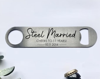 Personalised Steel Married Steel Bottle Opener, Cheers to 11 Years Wedding Anniversary Gift, Custom Steel Anniversary Gift For Him